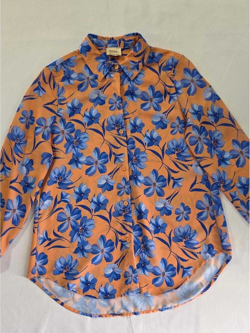 Elie Elie Tahari Floral Satin Blouse in Blue & Orange Small